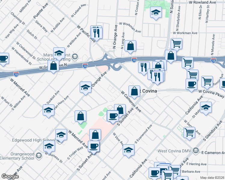 map of restaurants, bars, coffee shops, grocery stores, and more near 1605 Sawyer Avenue in West Covina