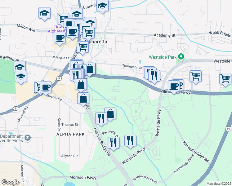 map of restaurants, bars, coffee shops, grocery stores, and more near 411 Johnson Court in Alpharetta