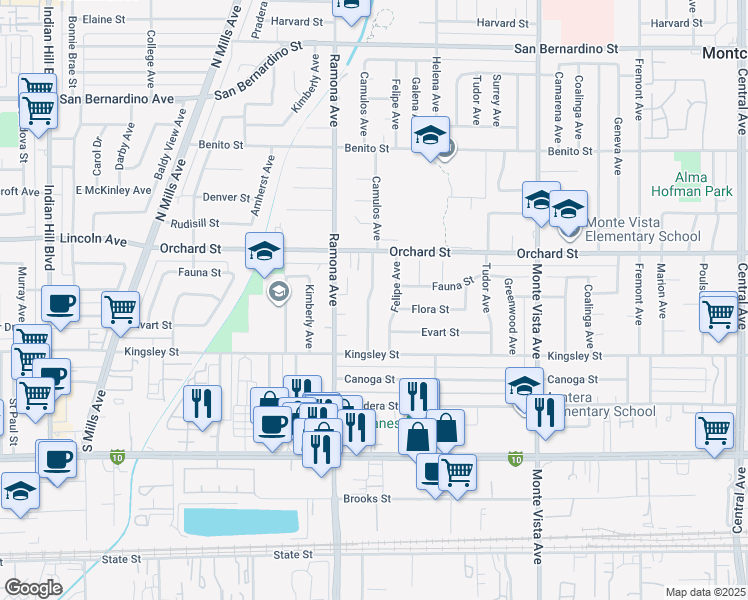 map of restaurants, bars, coffee shops, grocery stores, and more near 10199 Camulos Avenue in Montclair