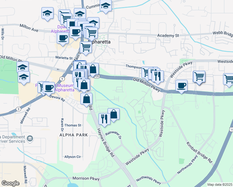 map of restaurants, bars, coffee shops, grocery stores, and more near 403 Johnson Court in Alpharetta