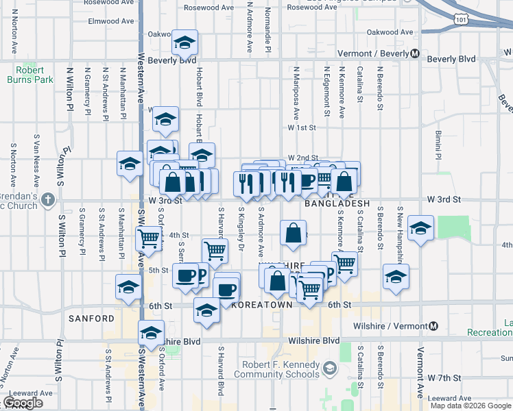 map of restaurants, bars, coffee shops, grocery stores, and more near 341 South Ardmore Avenue in Los Angeles
