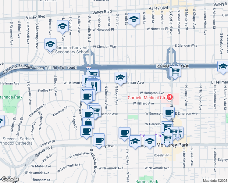 map of restaurants, bars, coffee shops, grocery stores, and more near 523 North Moore Avenue in Monterey Park