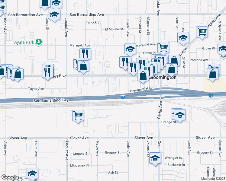 map of restaurants, bars, coffee shops, grocery stores, and more near 18411 Valley Boulevard in Bloomington