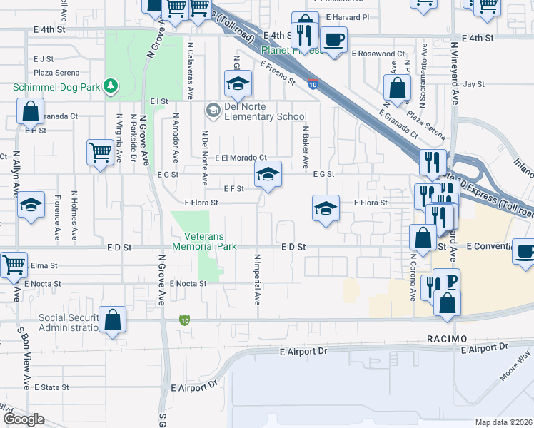 map of restaurants, bars, coffee shops, grocery stores, and more near 516 North Imperial Avenue in Ontario
