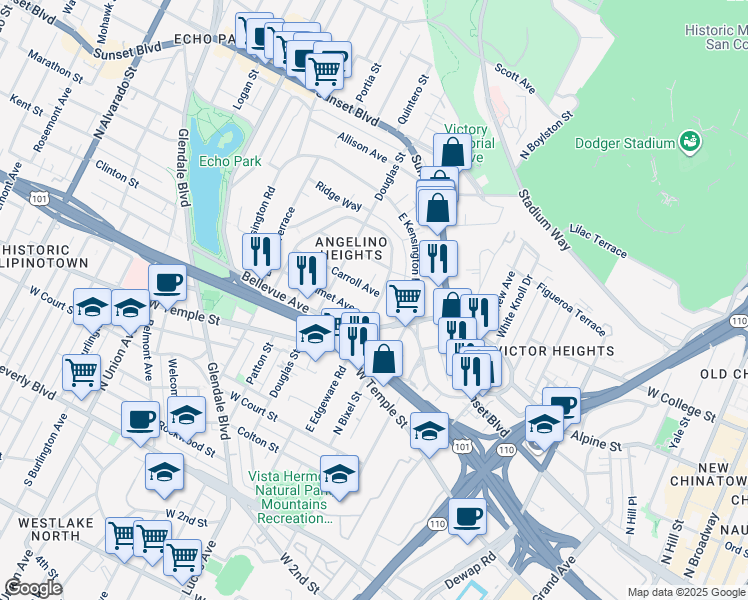 map of restaurants, bars, coffee shops, grocery stores, and more near 1300 Carroll Avenue in Los Angeles