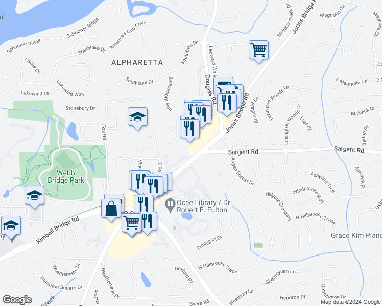 map of restaurants, bars, coffee shops, grocery stores, and more near 5312 Wellsley Bend in Alpharetta