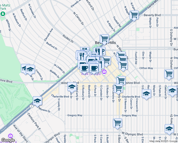 map of restaurants, bars, coffee shops, grocery stores, and more near 405 North Rodeo Drive in Beverly Hills