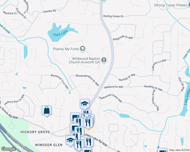 map of restaurants, bars, coffee shops, grocery stores, and more near 4782 Nandina Court Northwest in Acworth
