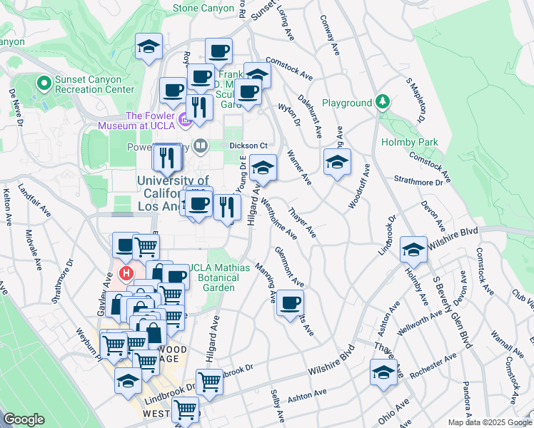 map of restaurants, bars, coffee shops, grocery stores, and more near 643 Westholme Avenue in Los Angeles
