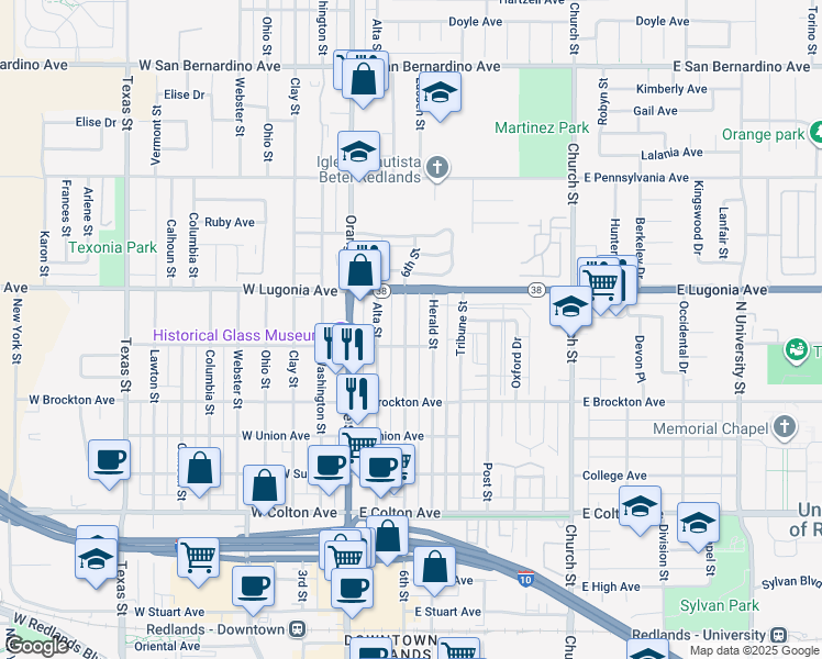 map of restaurants, bars, coffee shops, grocery stores, and more near 1218 6th Street in Redlands