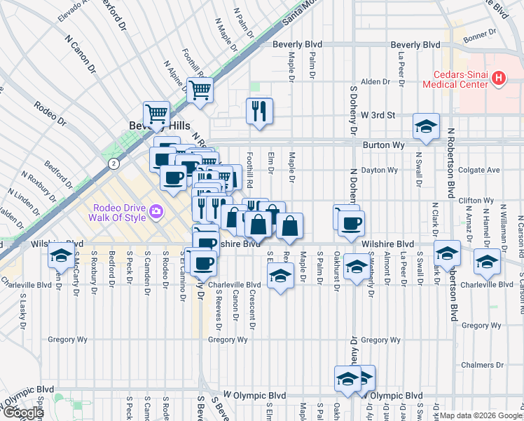 map of restaurants, bars, coffee shops, grocery stores, and more near 162 North Rexford Drive in Beverly Hills