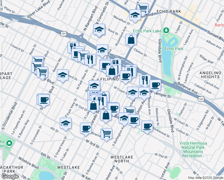 map of restaurants, bars, coffee shops, grocery stores, and more near in Los Angeles