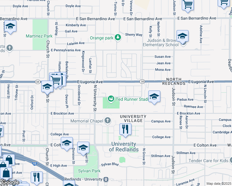map of restaurants, bars, coffee shops, grocery stores, and more near 1209 Edwards Street in Redlands