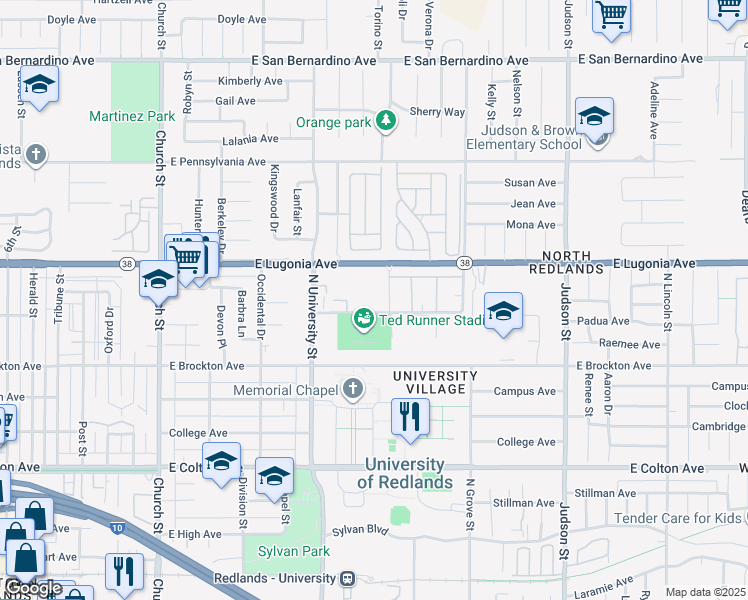 map of restaurants, bars, coffee shops, grocery stores, and more near 1249 Edwards Street in Redlands