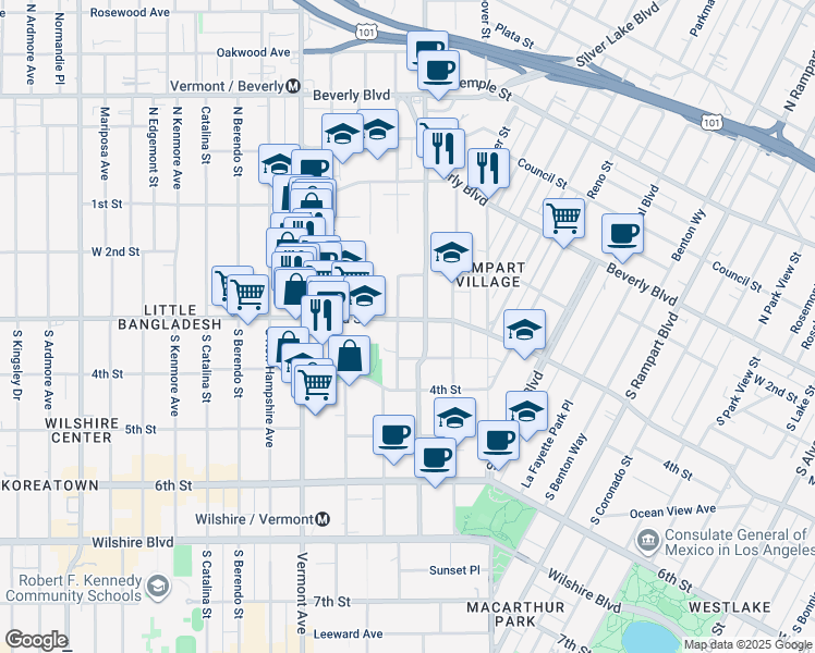 map of restaurants, bars, coffee shops, grocery stores, and more near 300 Westmoreland Avenue in Los Angeles