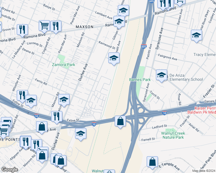 map of restaurants, bars, coffee shops, grocery stores, and more near 12534 Doral Street in El Monte