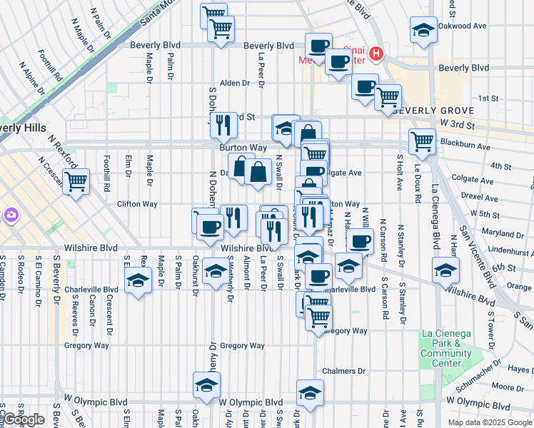 map of restaurants, bars, coffee shops, grocery stores, and more near 160 North La Peer Drive in Beverly Hills