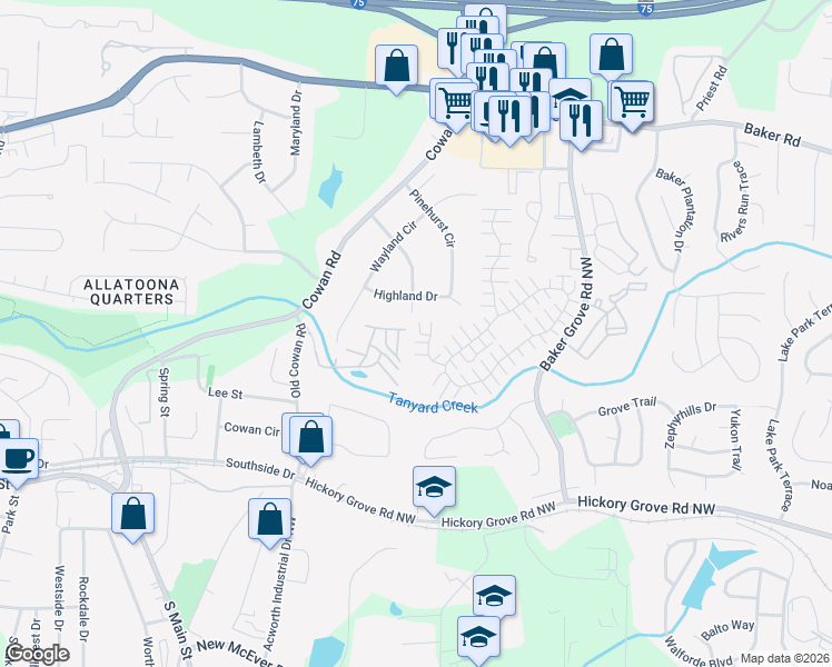 map of restaurants, bars, coffee shops, grocery stores, and more near 3613 Highland Drive in Acworth