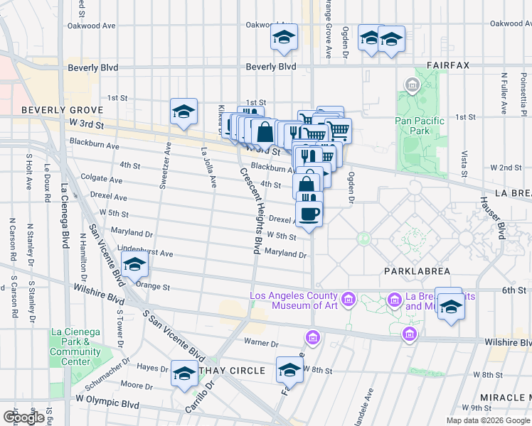 map of restaurants, bars, coffee shops, grocery stores, and more near 6281 Drexel Avenue in Los Angeles