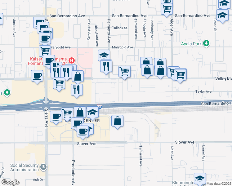 map of restaurants, bars, coffee shops, grocery stores, and more near 17333 Valley Boulevard in Fontana