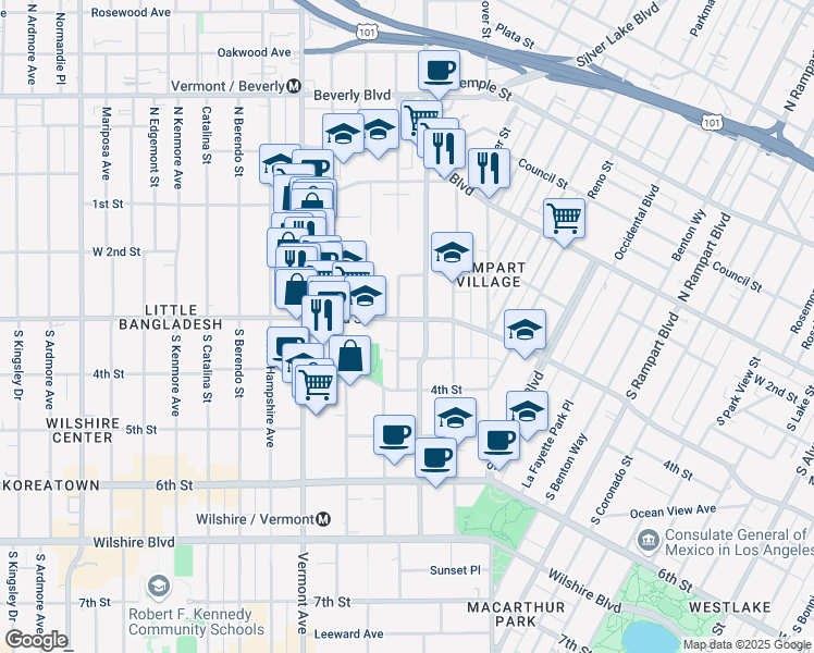 map of restaurants, bars, coffee shops, grocery stores, and more near 229 South Virgil Avenue in Los Angeles
