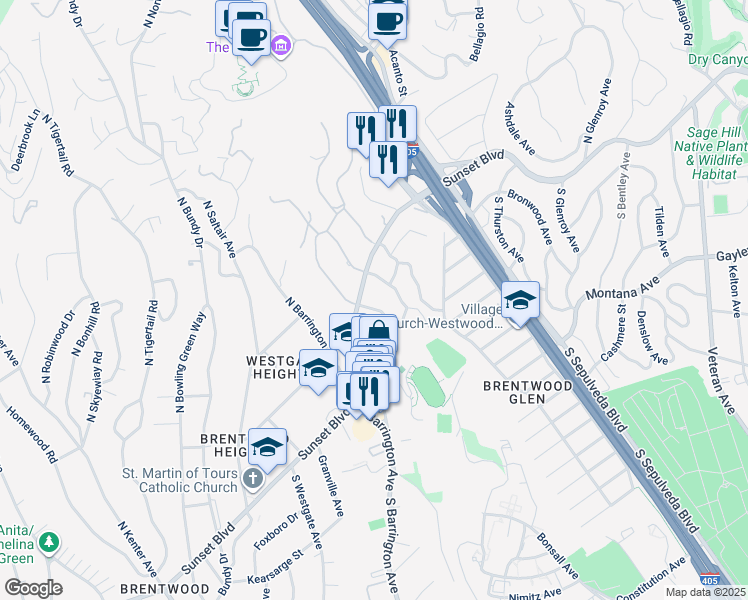 map of restaurants, bars, coffee shops, grocery stores, and more near 114 South Layton Drive in Los Angeles
