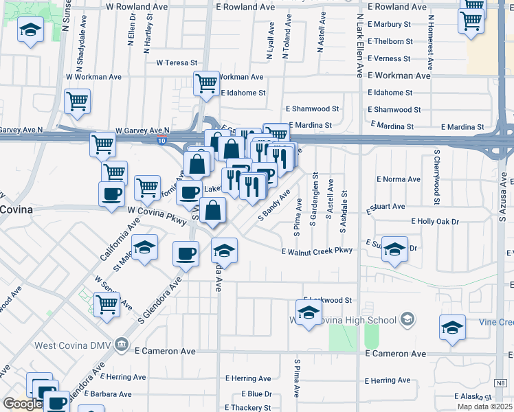 map of restaurants, bars, coffee shops, grocery stores, and more near 232 South Glendora Avenue in West Covina