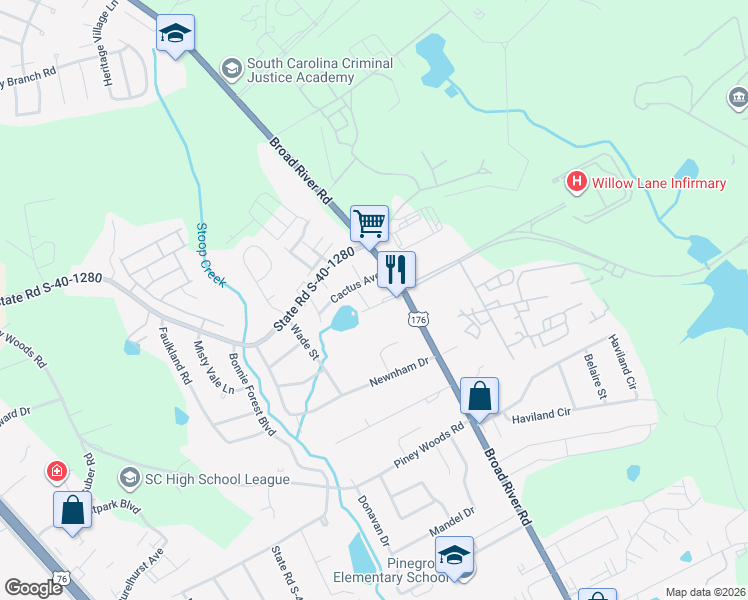 map of restaurants, bars, coffee shops, grocery stores, and more near 4621 Broad River Road in Columbia