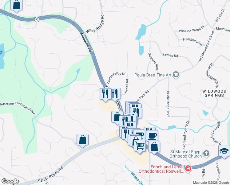 map of restaurants, bars, coffee shops, grocery stores, and more near 4940 Alabama Road in Roswell