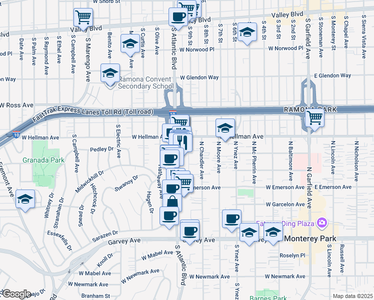 map of restaurants, bars, coffee shops, grocery stores, and more near in Alhambra