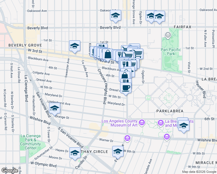 map of restaurants, bars, coffee shops, grocery stores, and more near 6281 Drexel Avenue in Los Angeles