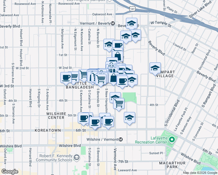 map of restaurants, bars, coffee shops, grocery stores, and more near 3518 West 3rd Street in Los Angeles