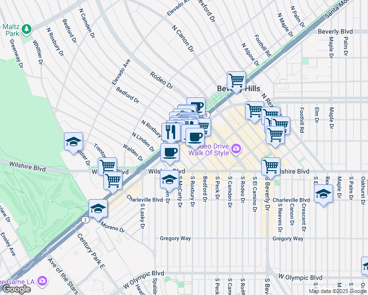 map of restaurants, bars, coffee shops, grocery stores, and more near 14824 burbank Boulevard in Beverly Hills
