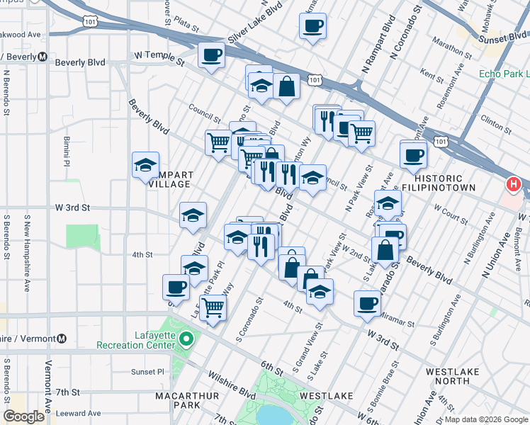 map of restaurants, bars, coffee shops, grocery stores, and more near 201 South Benton Way in Los Angeles