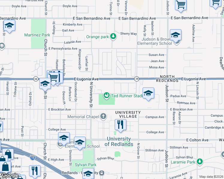 map of restaurants, bars, coffee shops, grocery stores, and more near 1209 Edwards Street in Redlands