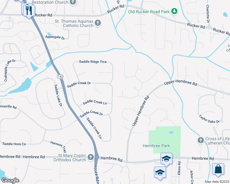 map of restaurants, bars, coffee shops, grocery stores, and more near 265 Saddle Creek Drive in Roswell