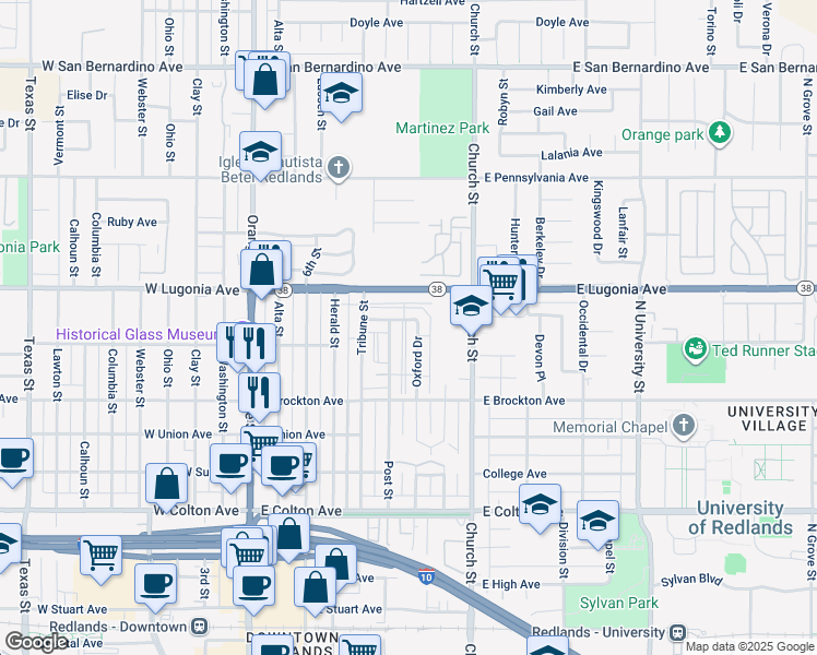 map of restaurants, bars, coffee shops, grocery stores, and more near 501 Courier Avenue in Redlands