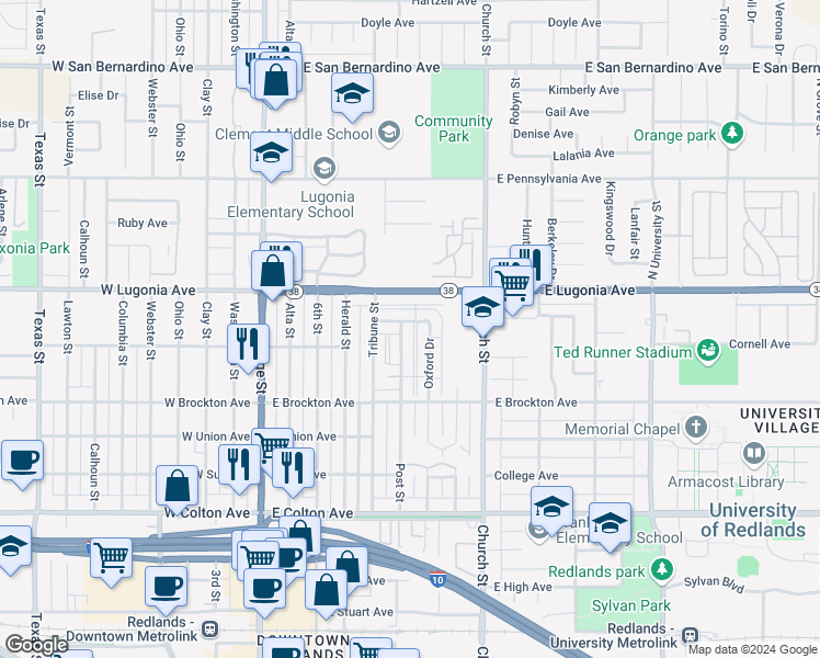 map of restaurants, bars, coffee shops, grocery stores, and more near 501 Courier Avenue in Redlands