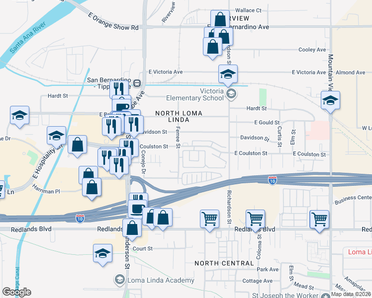 map of restaurants, bars, coffee shops, grocery stores, and more near 1374 East Aurora Lane in San Bernardino