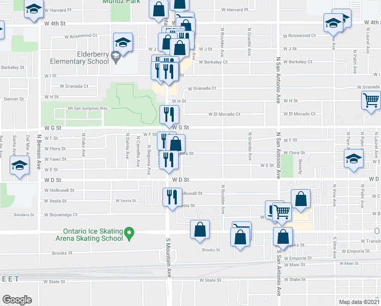 map of restaurants, bars, coffee shops, grocery stores, and more near 963 West F Street in Ontario