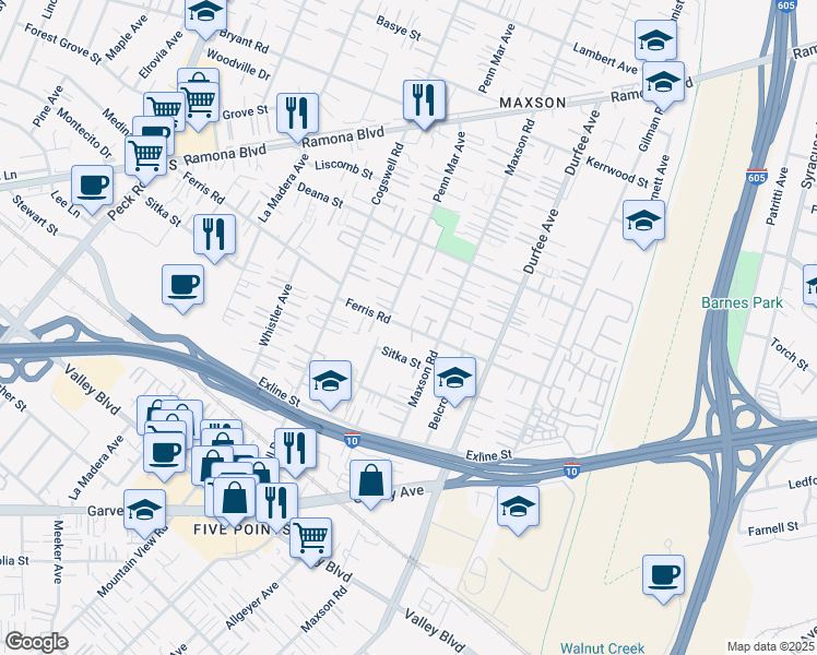 map of restaurants, bars, coffee shops, grocery stores, and more near 3625 Whiteflower Lane in El Monte
