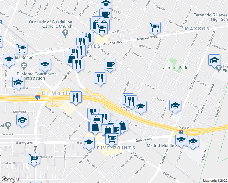 map of restaurants, bars, coffee shops, grocery stores, and more near 3442 La Madera Avenue in El Monte