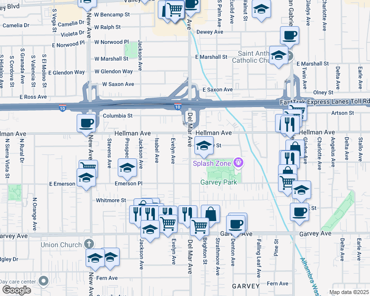 map of restaurants, bars, coffee shops, grocery stores, and more near 3352 Del Mar Avenue in Rosemead
