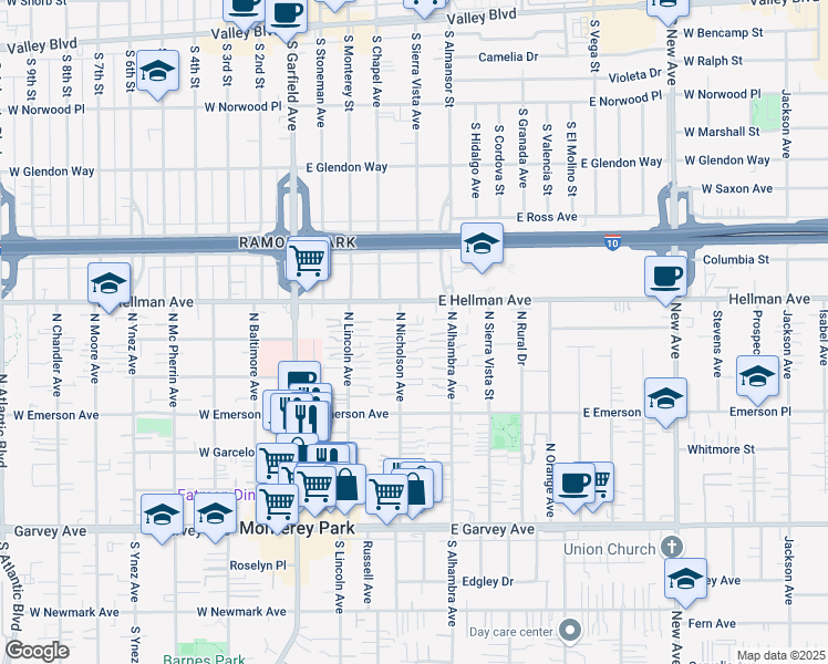 map of restaurants, bars, coffee shops, grocery stores, and more near 240 East Hellman Avenue in Monterey Park