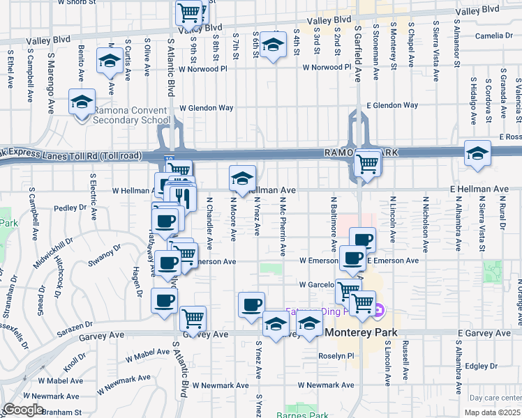 map of restaurants, bars, coffee shops, grocery stores, and more near 631 North Ynez Avenue in Monterey Park