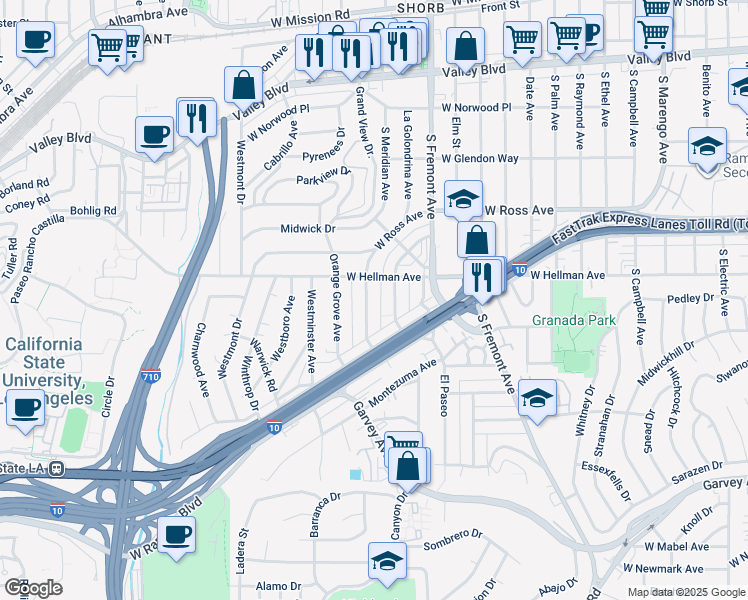 map of restaurants, bars, coffee shops, grocery stores, and more near 2101 Meridian Avenue in Alhambra
