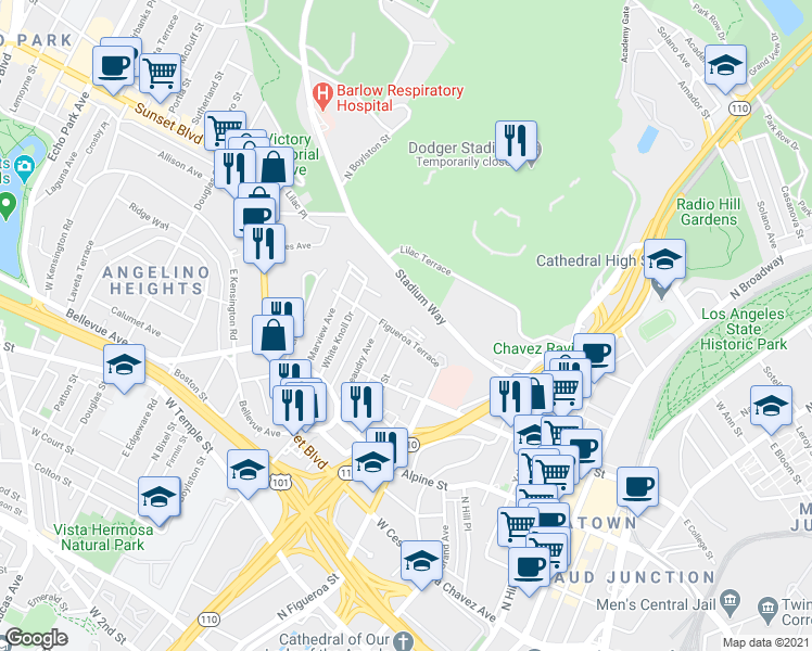 map of restaurants, bars, coffee shops, grocery stores, and more near 1013 Figueroa Terrace in Los Angeles