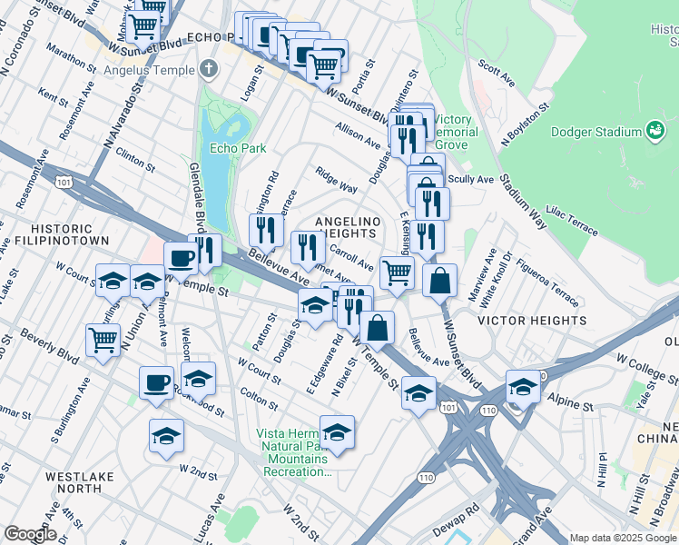 map of restaurants, bars, coffee shops, grocery stores, and more near 715 Douglas Street in Los Angeles