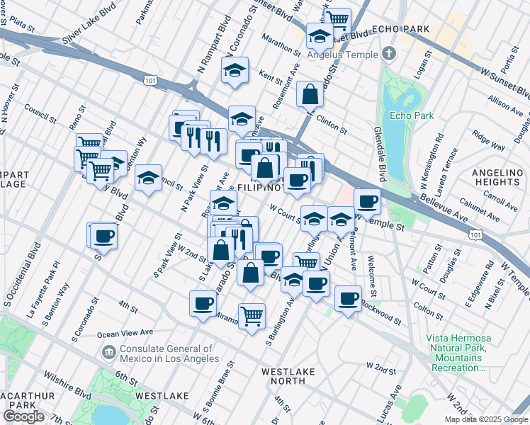 map of restaurants, bars, coffee shops, grocery stores, and more near 301 North Alvarado Street in Los Angeles