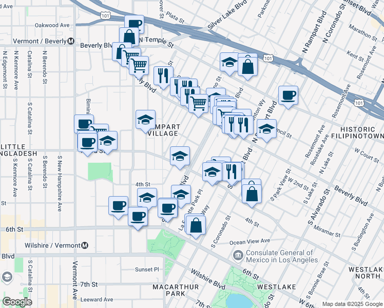 map of restaurants, bars, coffee shops, grocery stores, and more near 209 South Reno Street in Los Angeles